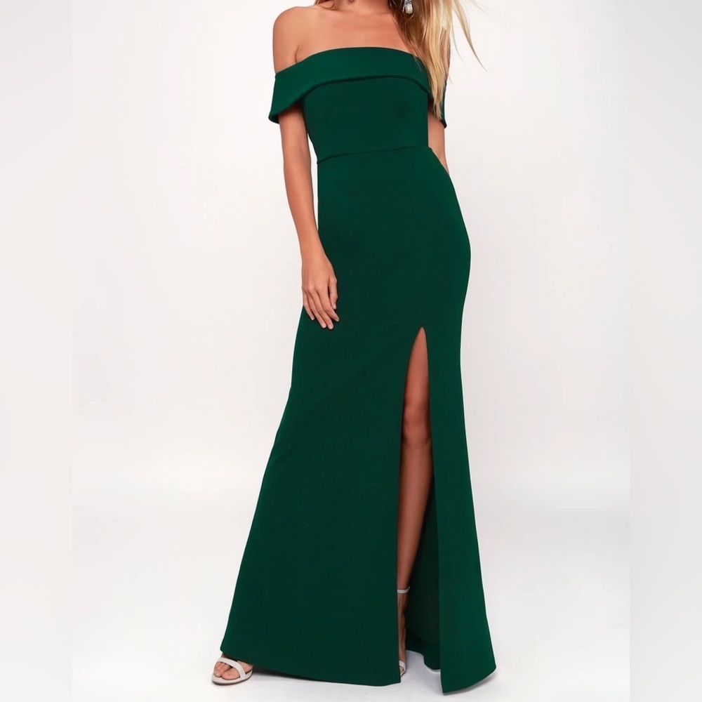 Aveline Forest Green Off-the-Shoulder Maxi Dress Lulus